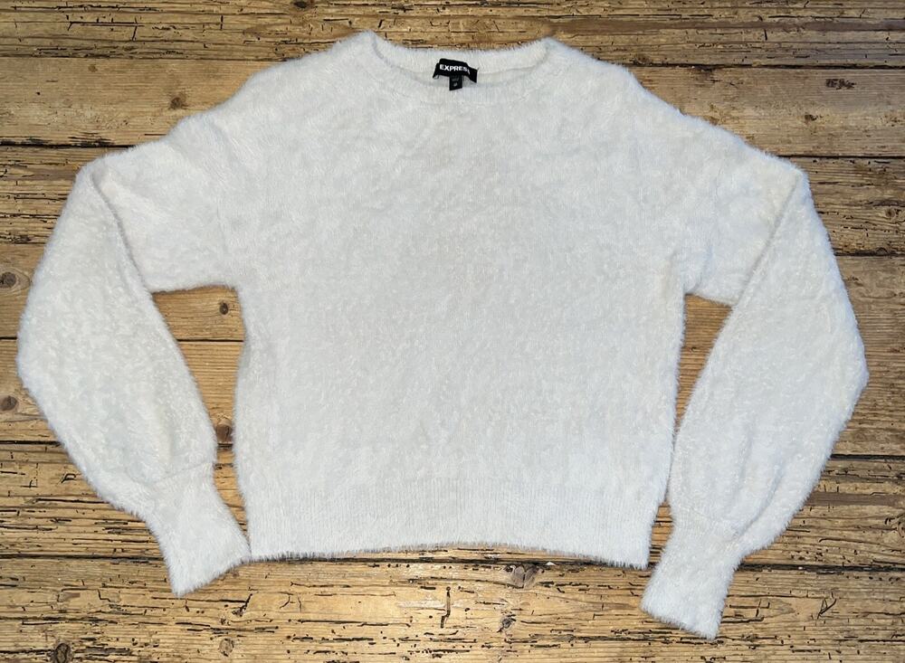 Express Women’s Size XS Cream Fuzzy Boat Neck Long Sleeve Sweater NWOT